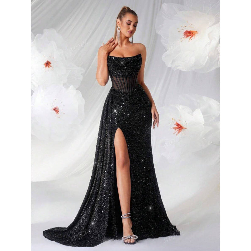 Intricate sequined women's evening gown. Boasts a high thigh slit and flattering corset bodice.