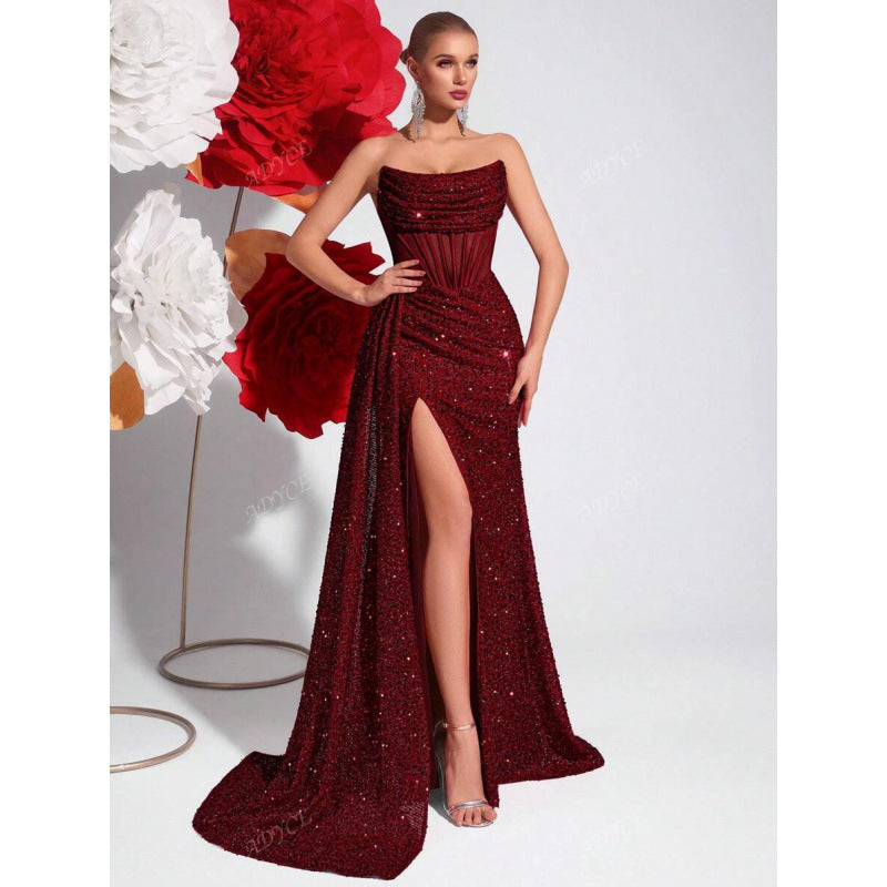 Stylish women's sequin gown featuring a high slit & secure corset waist, great for formal events.