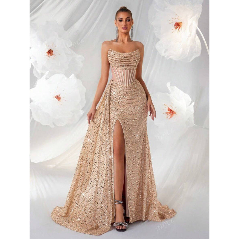 Dazzling women's sequin gala dress with a high slit & corset waist, perfect for making an entrance.