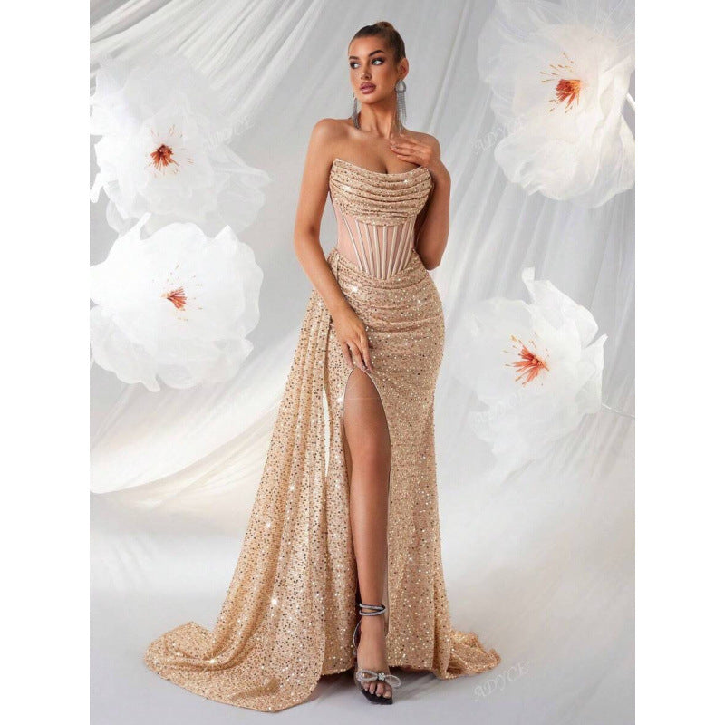 Exquisite women's prom dress: sequin gown with a high slit & elegant corset waist. Shine all night.