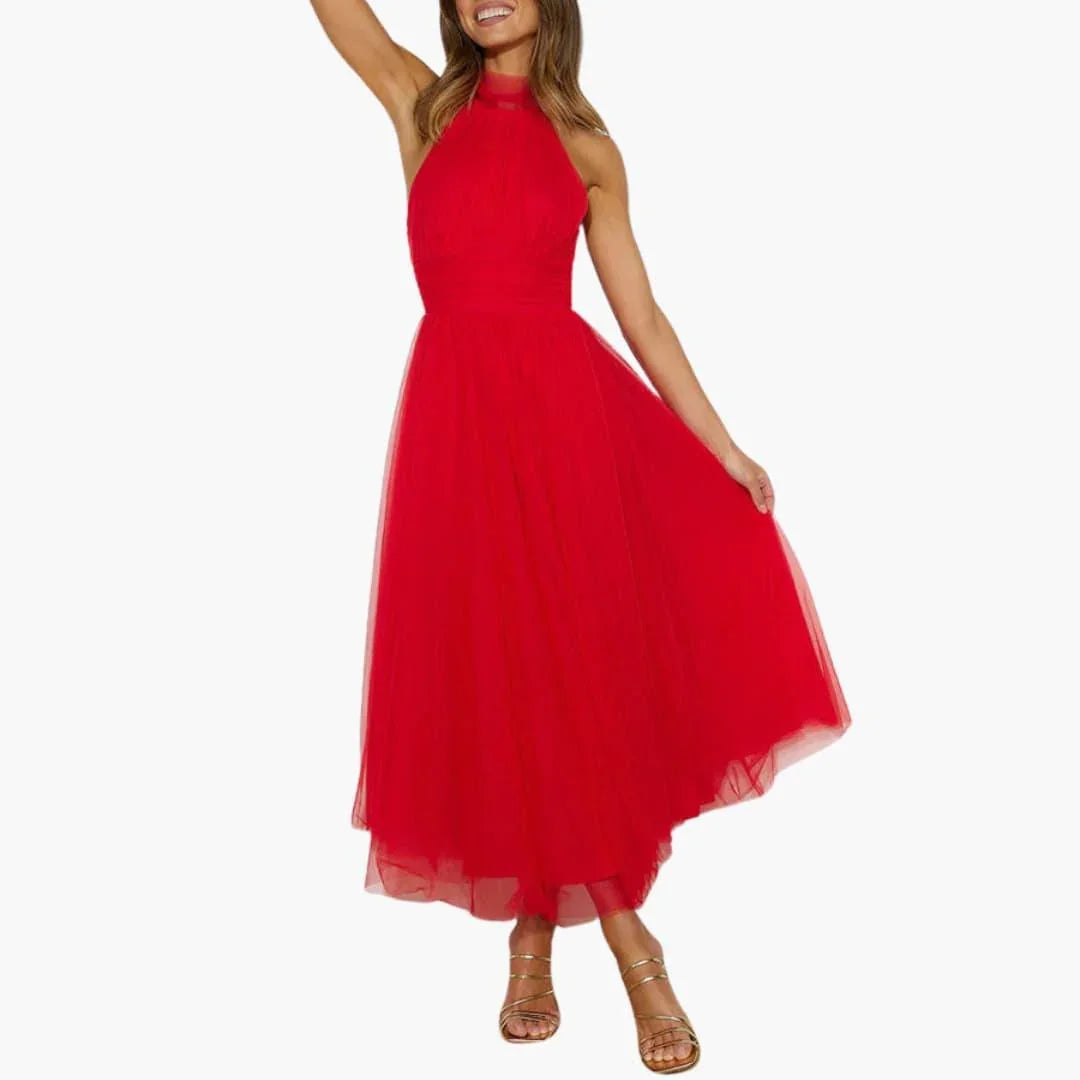 Women's sophisticated halter neck midi dress, a stunning choice for special occasions.
