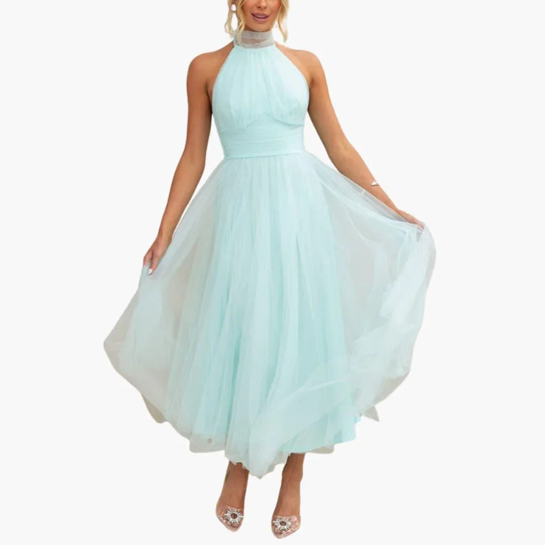 Flowy women's halter neck midi dress, great for cocktail parties and special occasions.