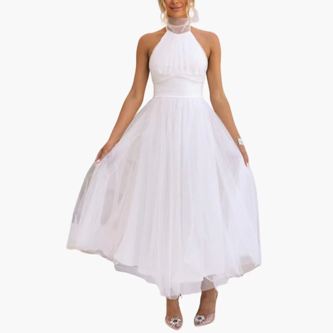 Sophisticated women's party wear midi dress, featuring a chic halter neck design.