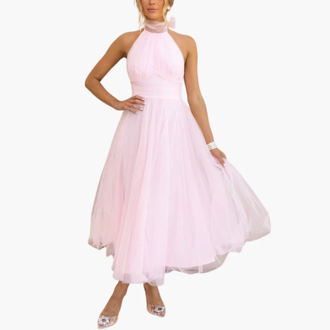 Women's special occasion midi dress, a graceful halter neck style for elegant fashion.
