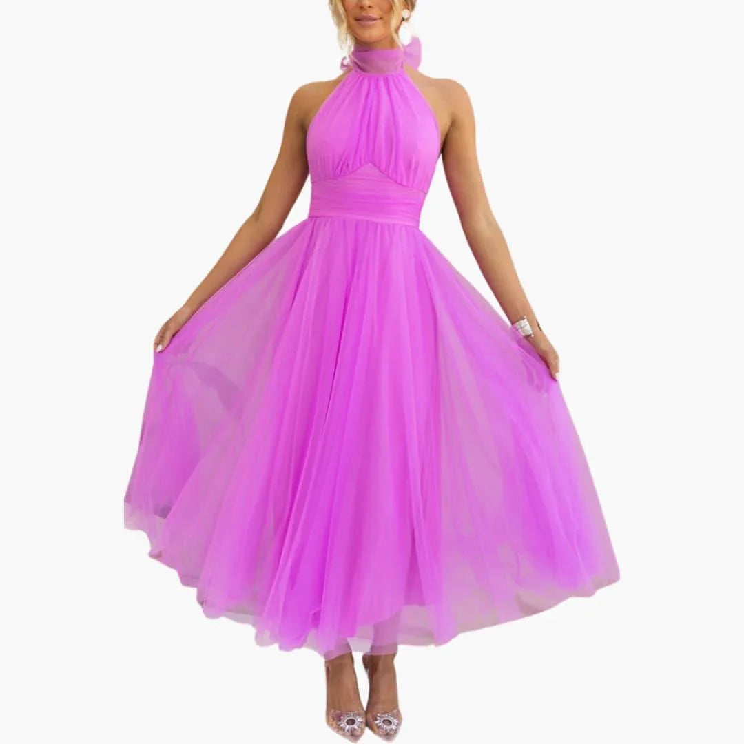 Full view of a women's graceful halter neck midi dress, ideal for evening fashion.