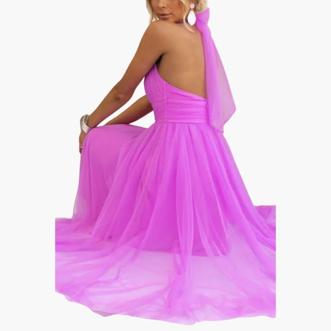 Back view of the women's halter neck midi dress, showcasing sophisticated design.