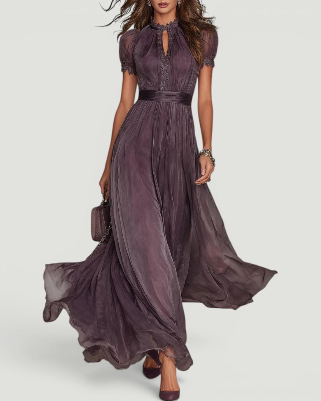 Elegant purple lace keyhole maxi dress for women, perfect for formal occasions & wedding guests.