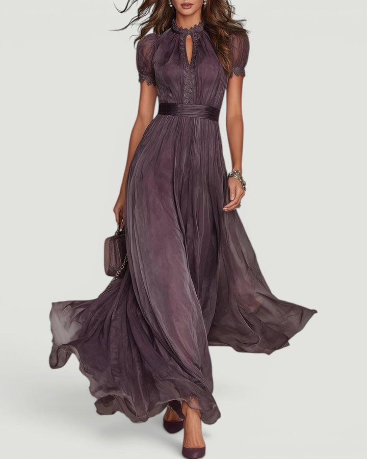 Elegant purple lace keyhole maxi dress for women, perfect for formal occasions & wedding guests.