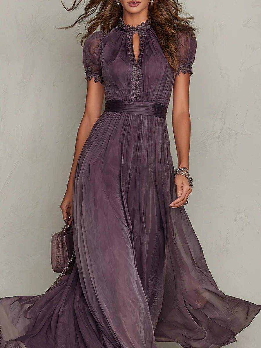 Sophisticated purple women's maxi dress, ideal for special occasions, with lace keyhole & puff sleeves.