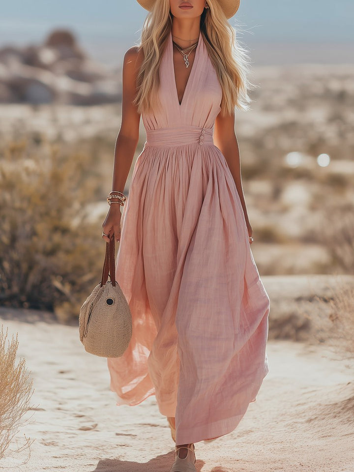 Elegant Women's Ruched Halter Maxi Dress, perfect for summer parties or a stylish beach vacation.