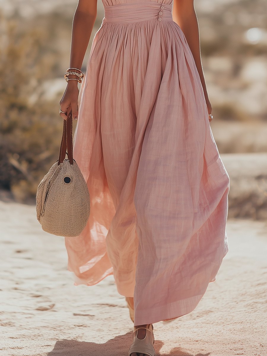 Full length elegant ruched halter maxi dress, showcasing flowy summer style perfect for women's apparel.