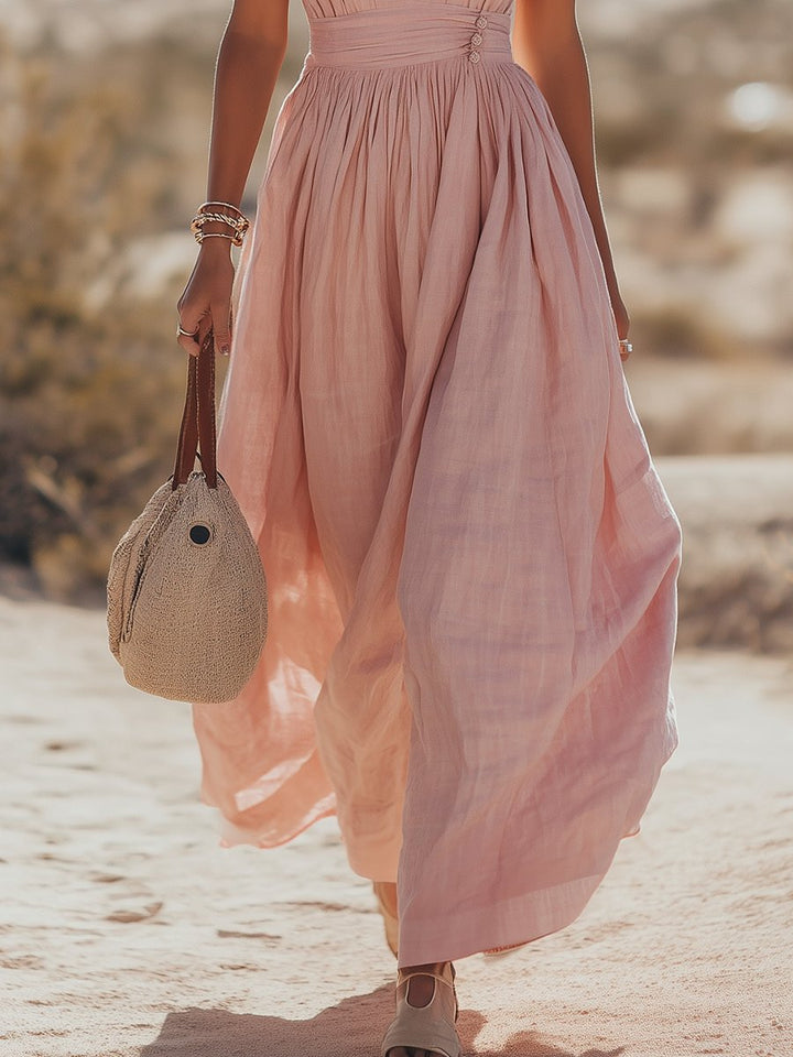 Full length elegant ruched halter maxi dress, showcasing flowy summer style perfect for women's apparel.