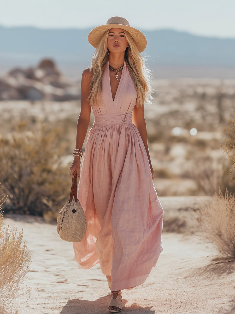 Flowy summer maxi dress with halter neckline & ruched bodice, ideal beachwear for women's apparel.