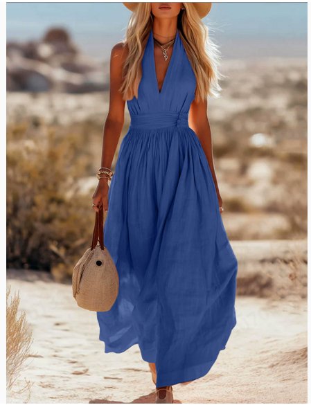 Women's elegant ruched halter maxi dress, a stylish and comfortable sleeveless party outfit for summer.