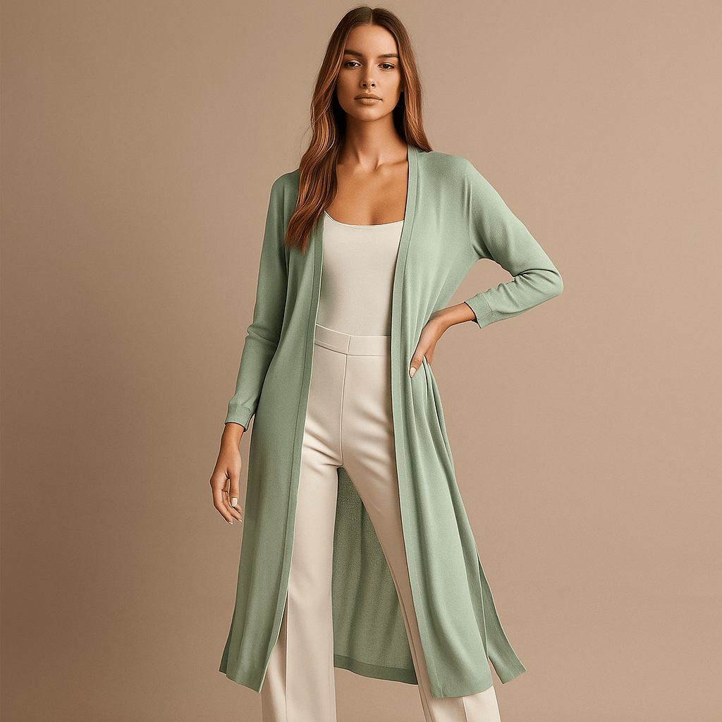 Stylish long knitted women's cardigan. Essential casual wear & everyday fashion layering piece.