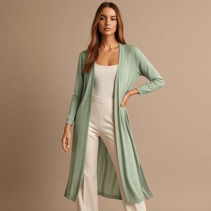 Stylish long knitted women's cardigan. Essential casual wear & everyday fashion layering piece.