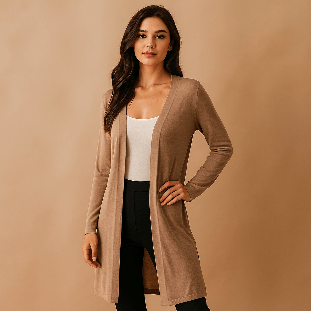 Soft long knitted cardigan for women. Ideal layering piece for casual & everyday fashion.