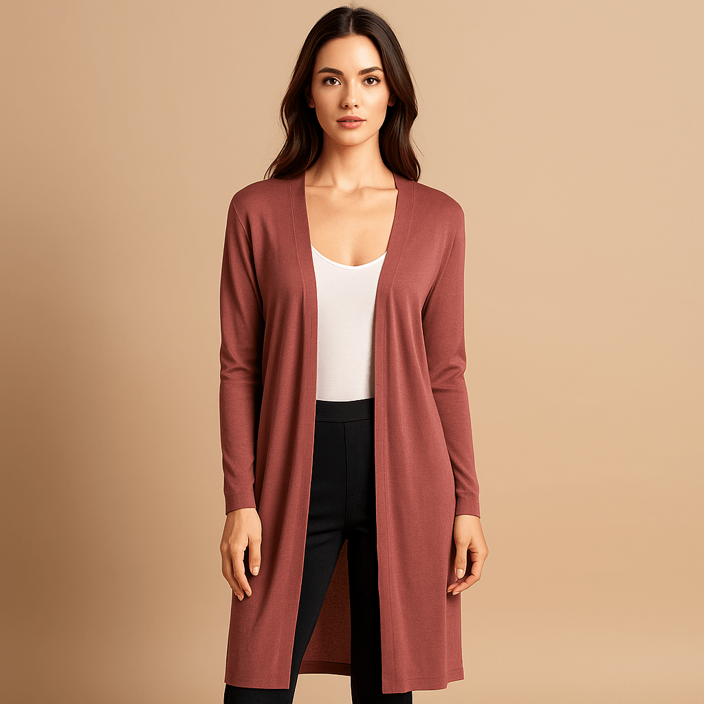 Comfortable women's long knitted cardigan sweater. Stylish outerwear for cozy winter fashion.
