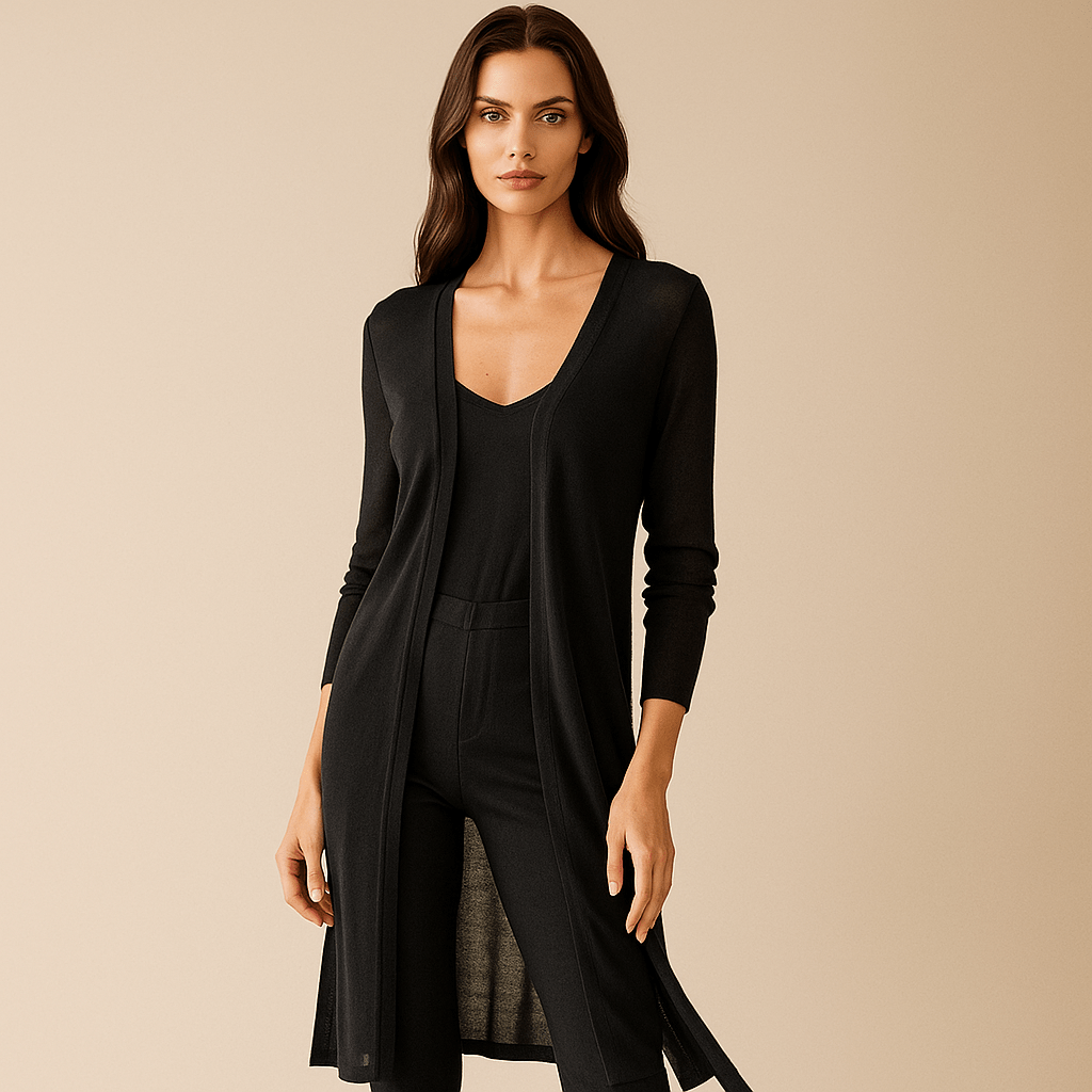 Versatile women's long knitted cardigan for everyday wear. Cozy & chic layering in winter.