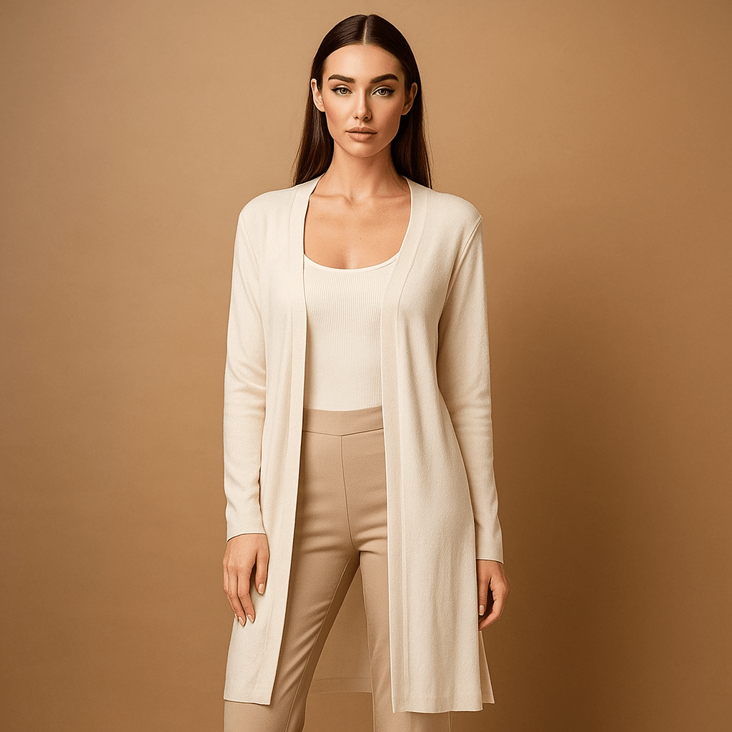 Warm women's long knitted cardigan. A cozy sweater perfect for winter fashion & layering.