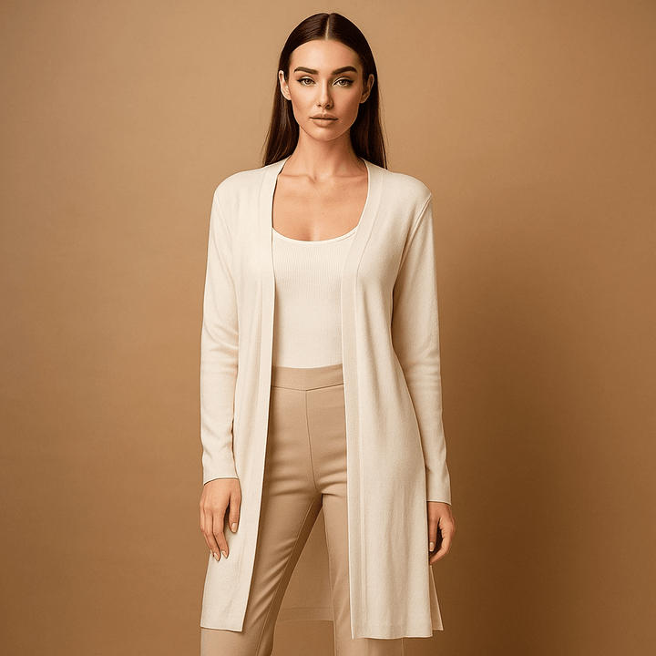 Warm women's long knitted cardigan. A cozy sweater perfect for winter fashion & layering.