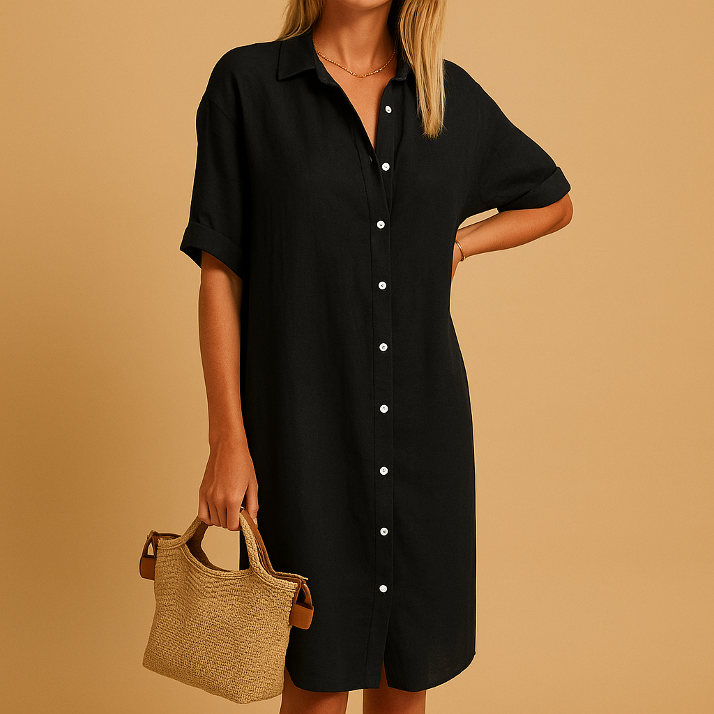Women's flowy short sleeve shirt dress in a vibrant color, perfect for casual summer elegance. Comfortable & versatile.