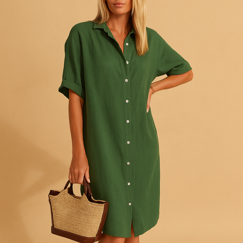 Elegant women's short sleeve flowy shirt dress, ideal for day-to-night wear. Features a comfortable, relaxed fit.