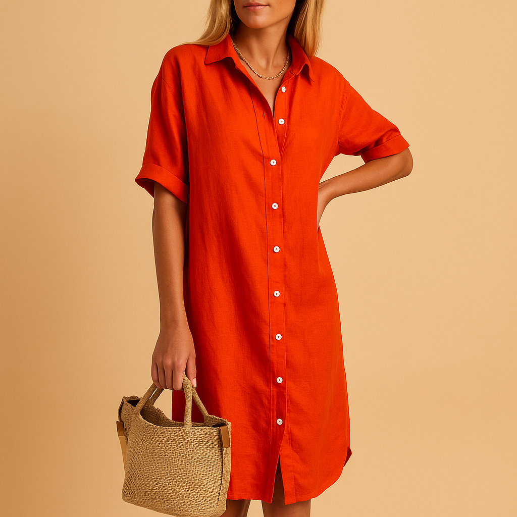 Versatile women's flowy short sleeve shirt dress for effortless chic. Perfect casual or dressed up for summer events.