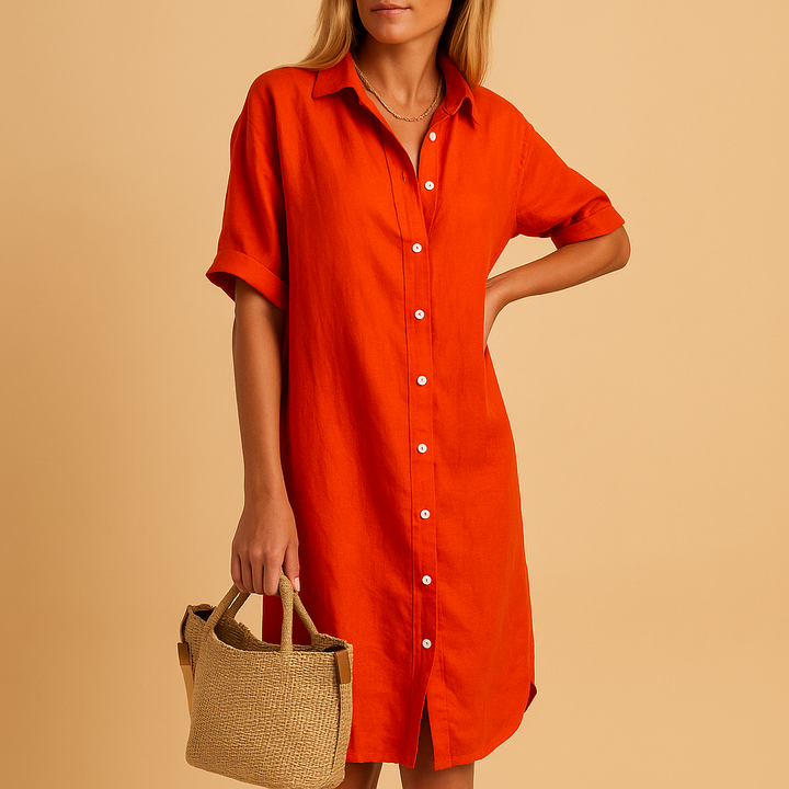 Versatile women's flowy short sleeve shirt dress for effortless chic. Perfect casual or dressed up for summer events.
