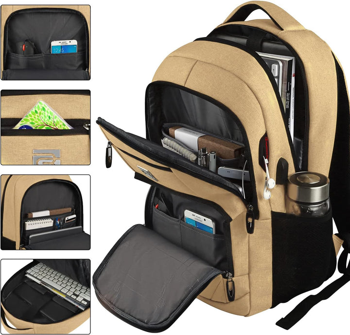 Durable slim anti-theft travel backpack for laptops, featuring an external USB port & hidden pockets.