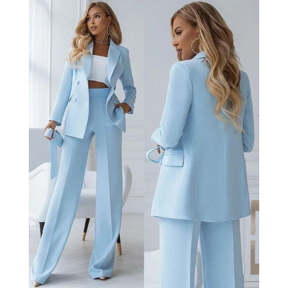 Elegant women's two-piece tailored suit featuring a double-breasted blazer & straight leg pants for business attire.