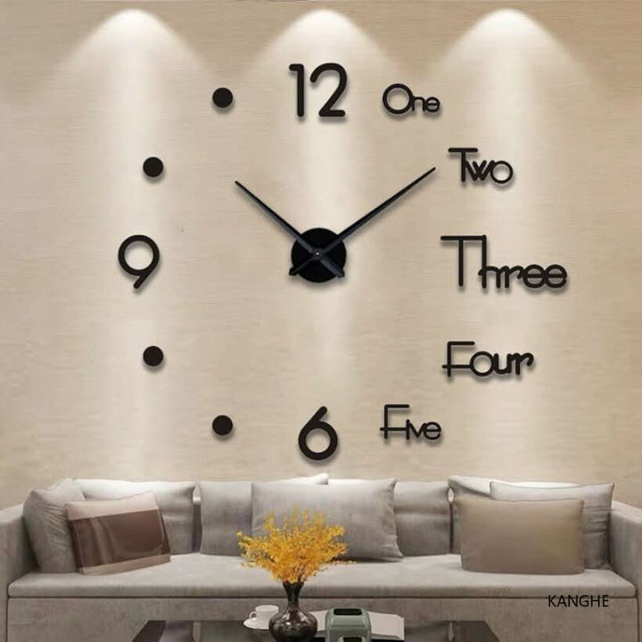 Large 3D wall clock with modern design for contemporary living room decor. Unique frameless DIY timepiece.