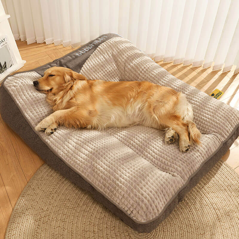 Spine health dog bed for large breeds. Durable orthopedic pet cushion, brown, with supportive neck bolster.