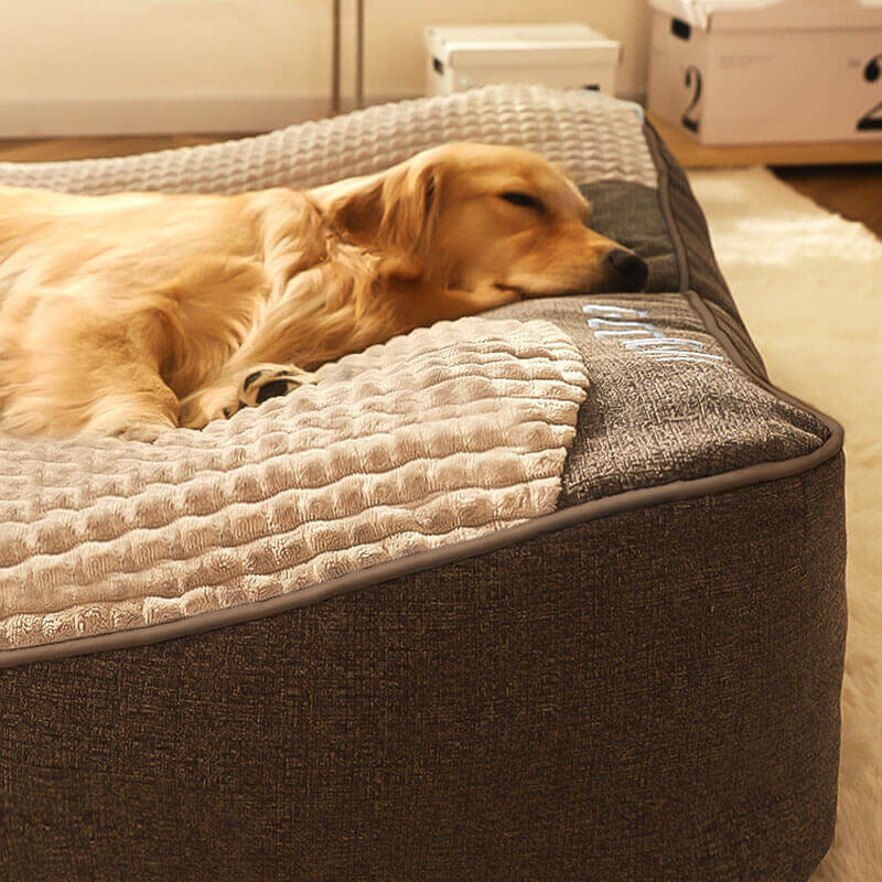 Durable large gray orthopedic dog bed, perfect for pet comfort. Features neck support & washable cover.