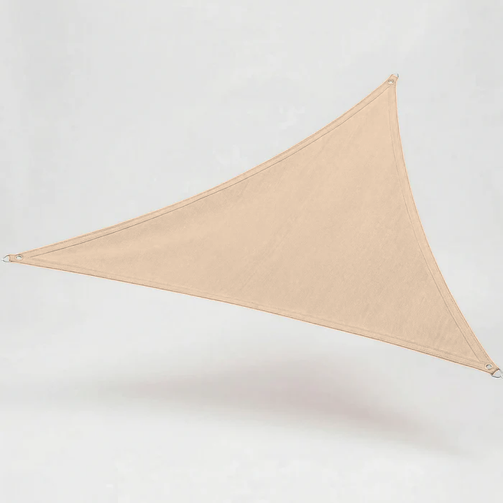 Outdoor triangular sun shade sail providing UV protection for patio and garden areas.