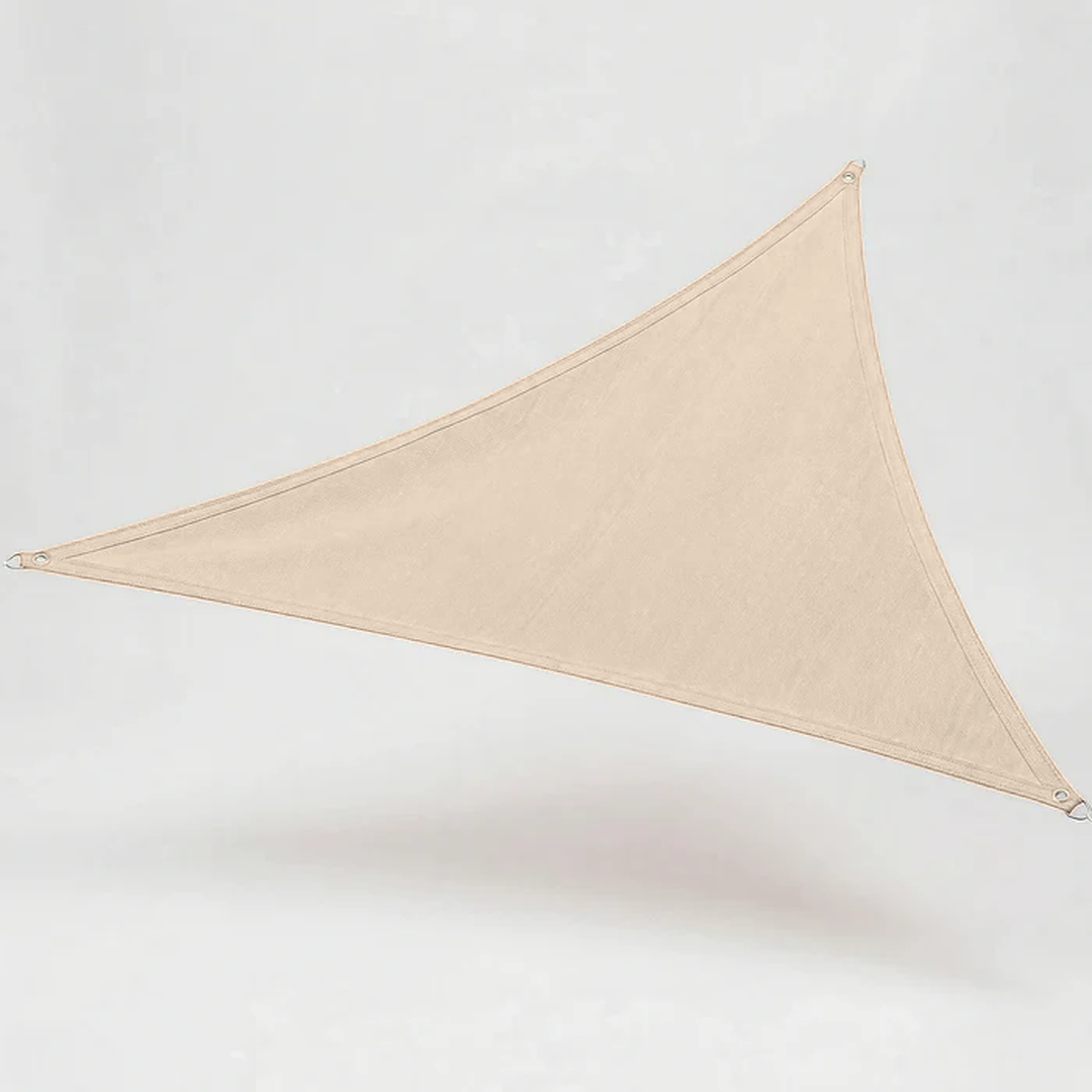 Versatile triangular sun shade for deck, patio, & garden; provides UV protection & sun block.