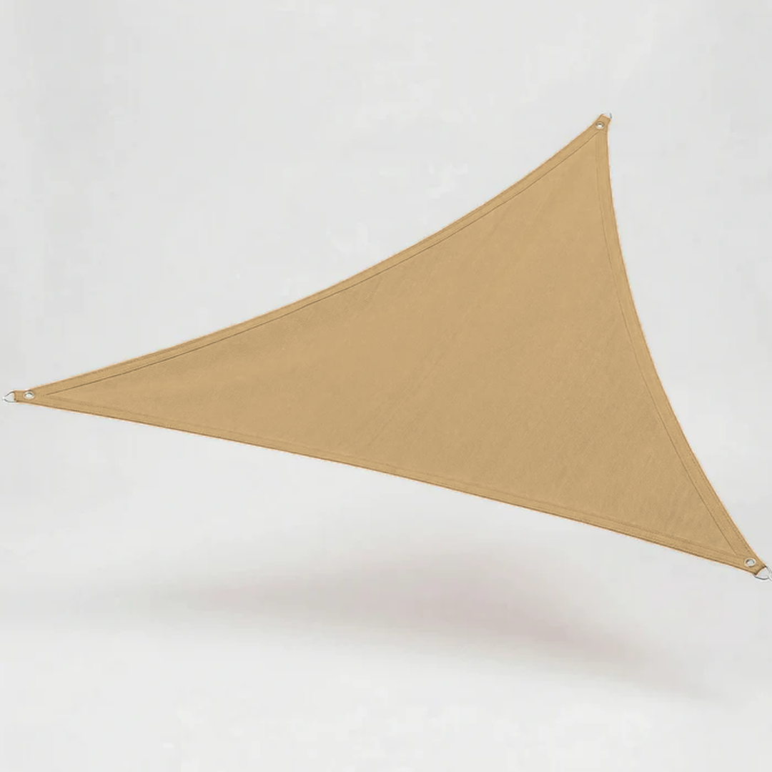 Water resistant triangular sun sail, ideal patio cover offering strong UV protection and sun block.