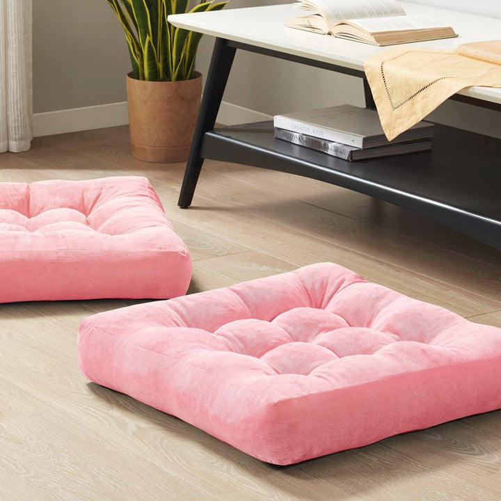 Soft corduroy meditation cushions, a set of two large tufted pillows for comfy floor seating.