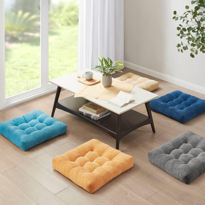Set of two large tufted corduroy floor cushions, perfect for meditation, yoga, & living room decor.