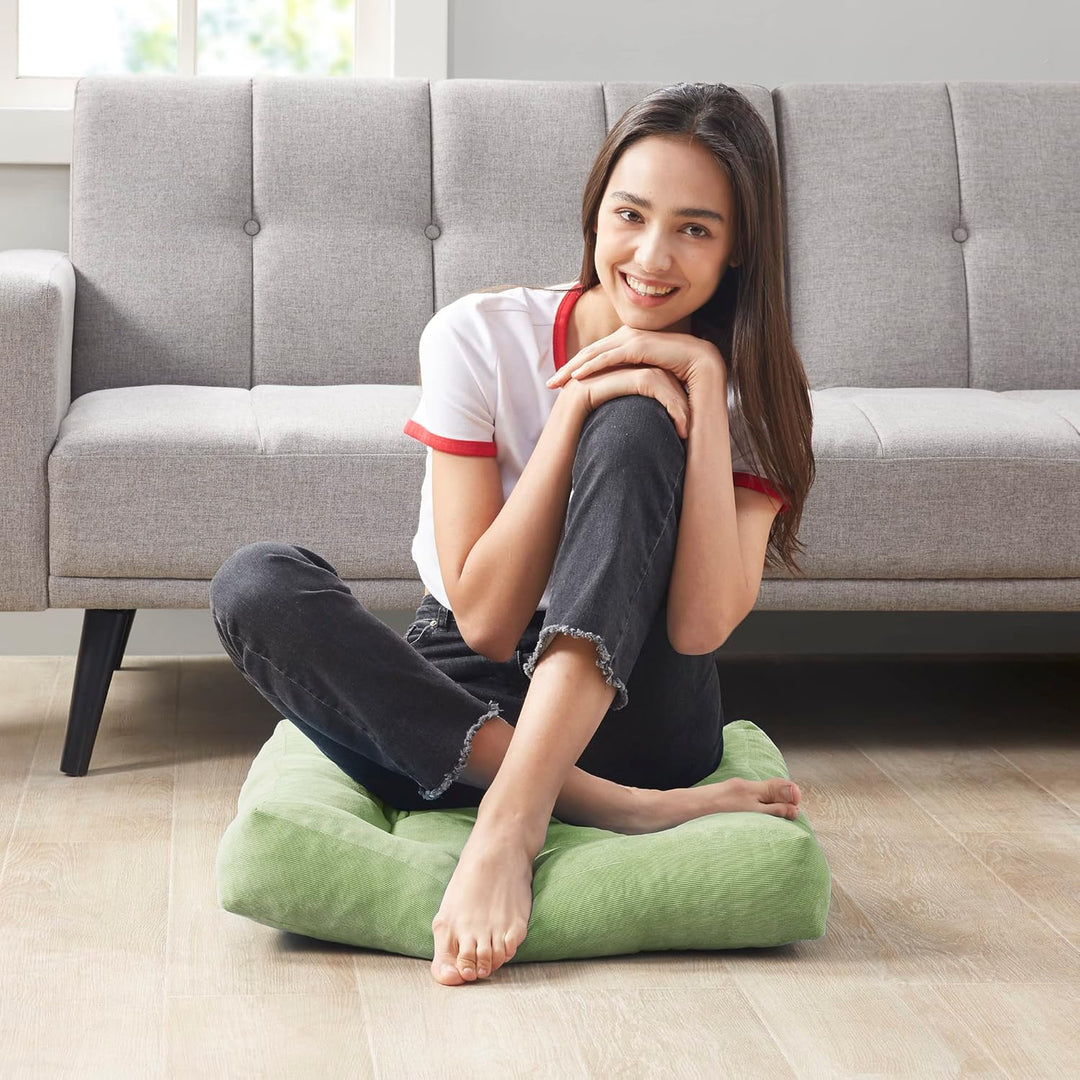 Mindful meditation floor cushions, a set of two large tufted corduroy pillows for relaxation & yoga.