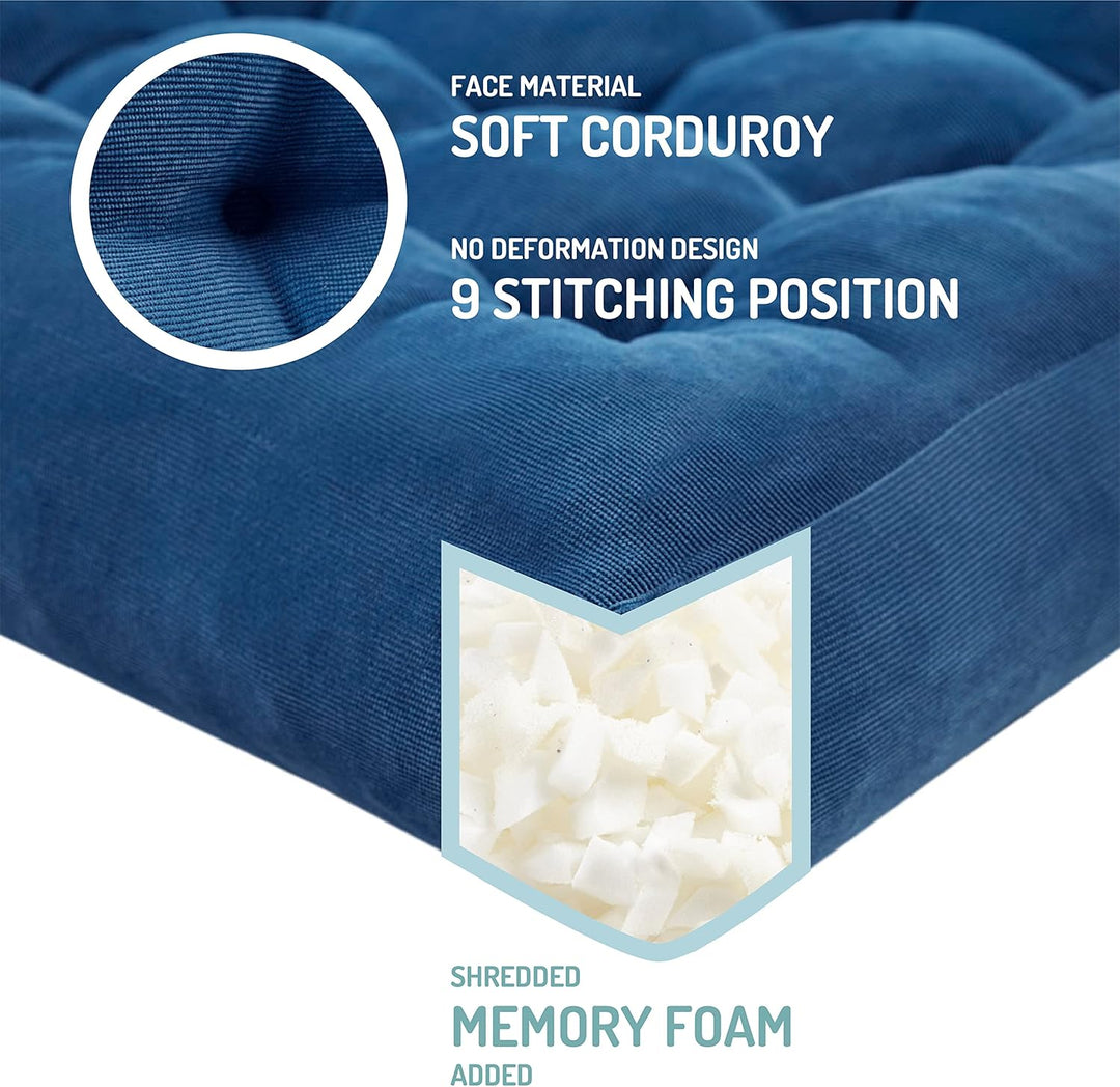Comfy large tufted corduroy yoga cushions, a set of two for meditation & floor seating relaxation.