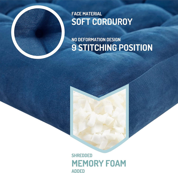 Comfy large tufted corduroy yoga cushions, a set of two for meditation & floor seating relaxation.