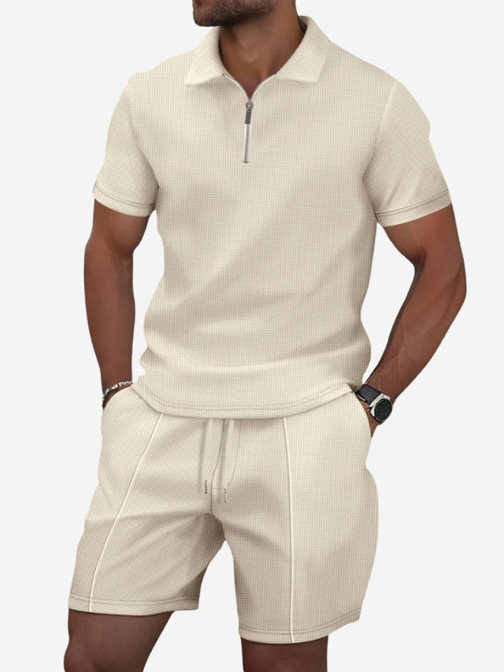 Men's zip-neck polo & shorts matching lounge wear set. Effortless casual two-piece summer style for men.