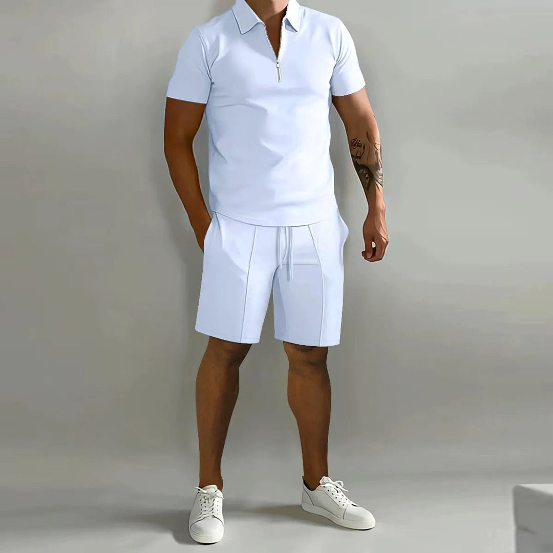 Back view of men's zip-neck polo & shorts matching set, showing relaxed fit and comfortable silhouette.