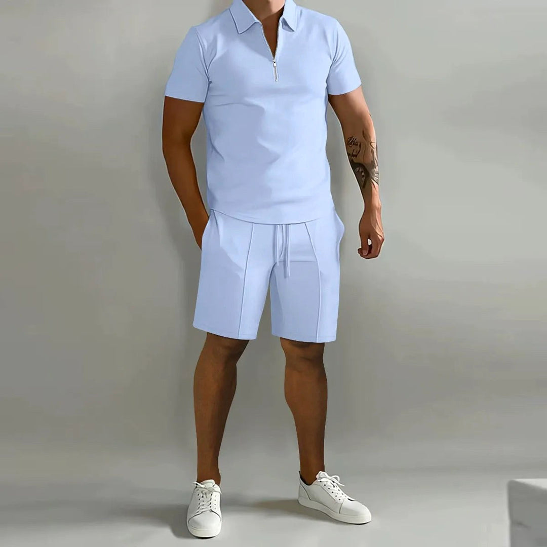 Versatile men's casual zip-neck polo & shorts set, suitable for lounging, summer adventures, or travel.