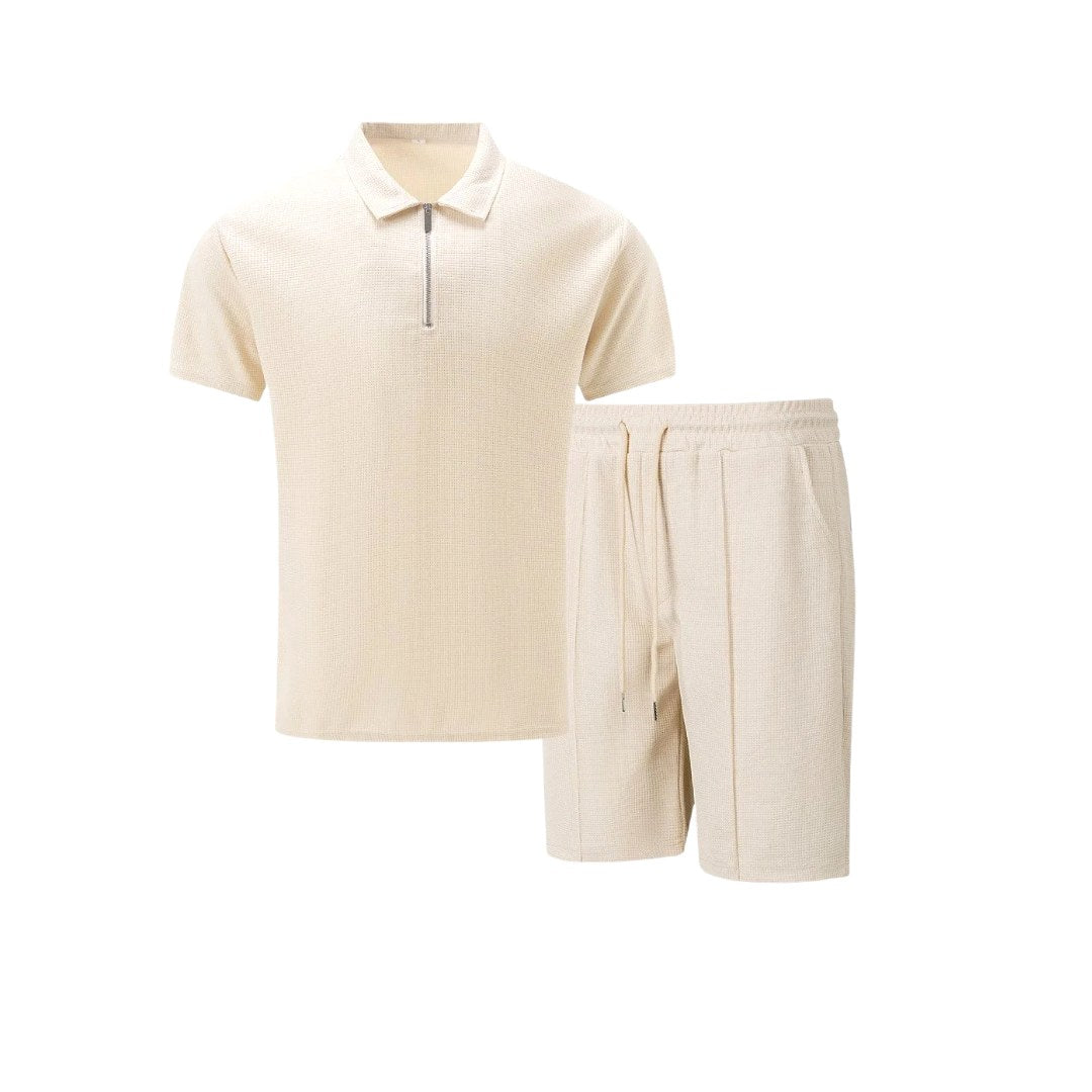 Stylish men's casual two-piece polo & shorts set, featuring a modern zip-neck. Ideal summer outfit.