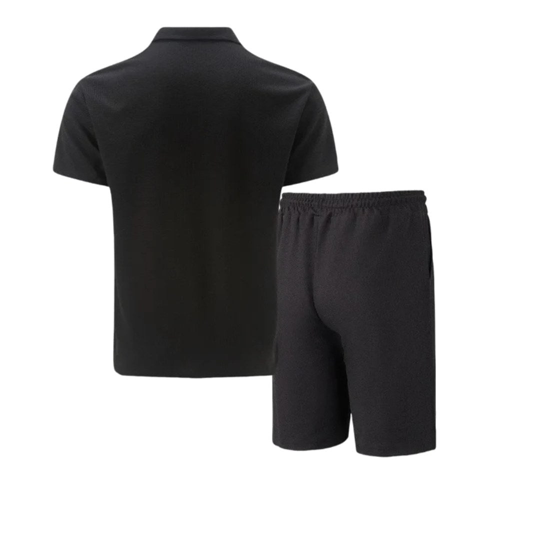 Close-up of men's drawstring shorts with pockets, part of a comfortable two-piece lounge wear set.