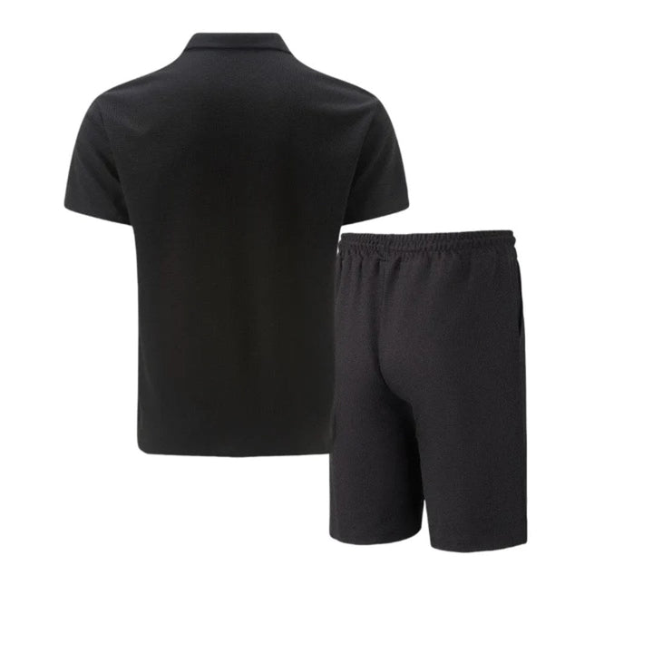 Close-up of men's drawstring shorts with pockets, part of a comfortable two-piece lounge wear set.
