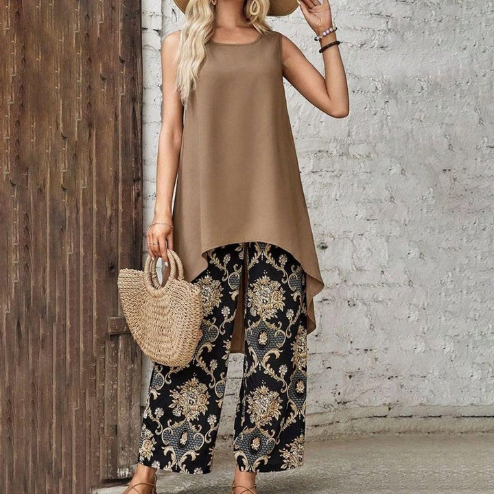 Women's classic sleeveless tunic & wide leg pants set. Relaxed fit, bohemian style, perfect for summer casual wear.