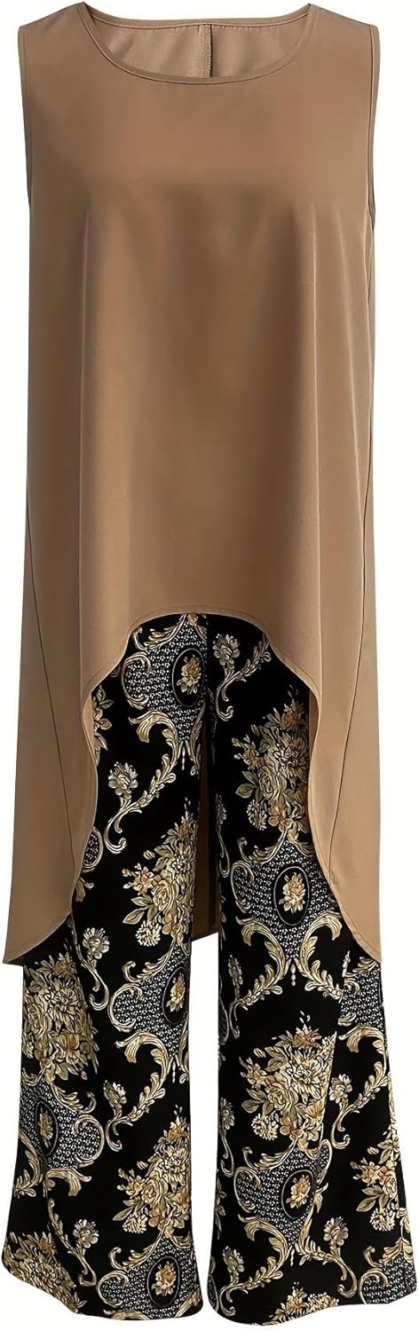 Stylish women's sleeveless tunic & wide leg pants set. Ideal casual bohemian outfit for spring and summer comfort.